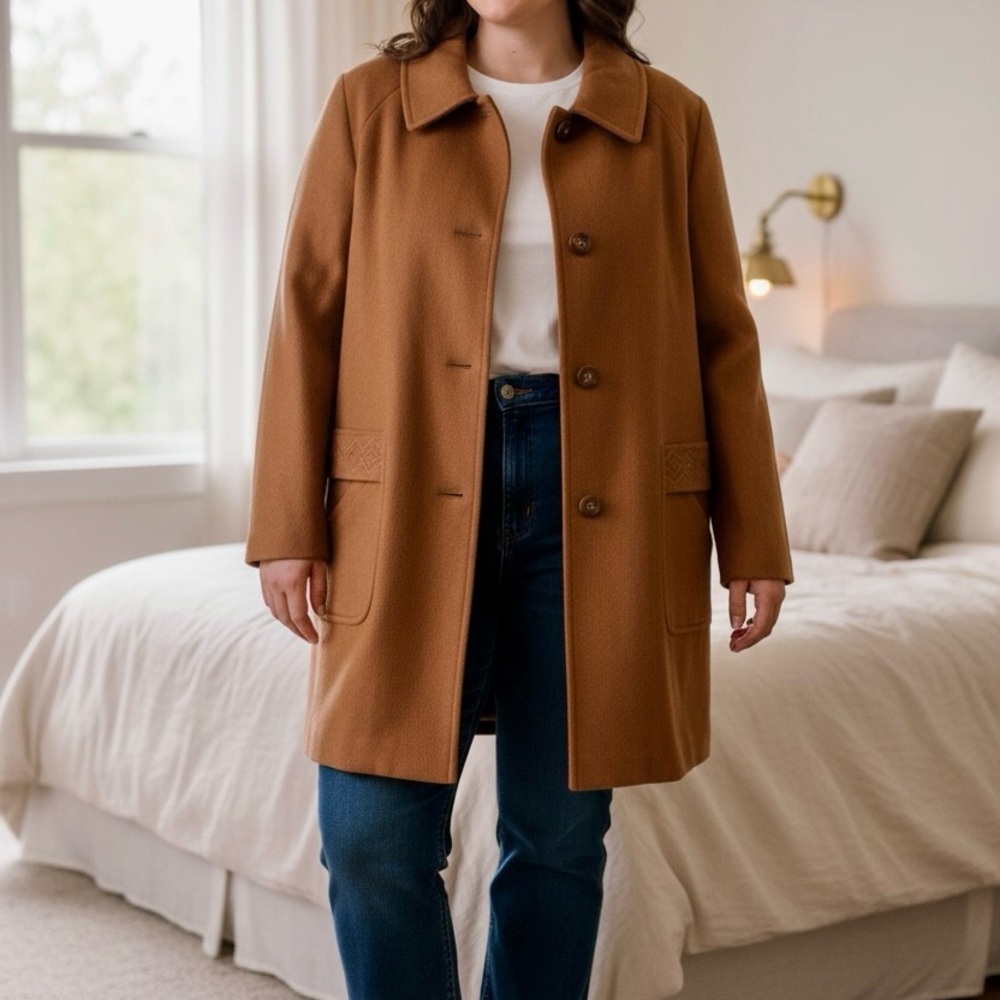 Vintage 1970s Women’s Camel Wool Coat – Western Geometric Trim